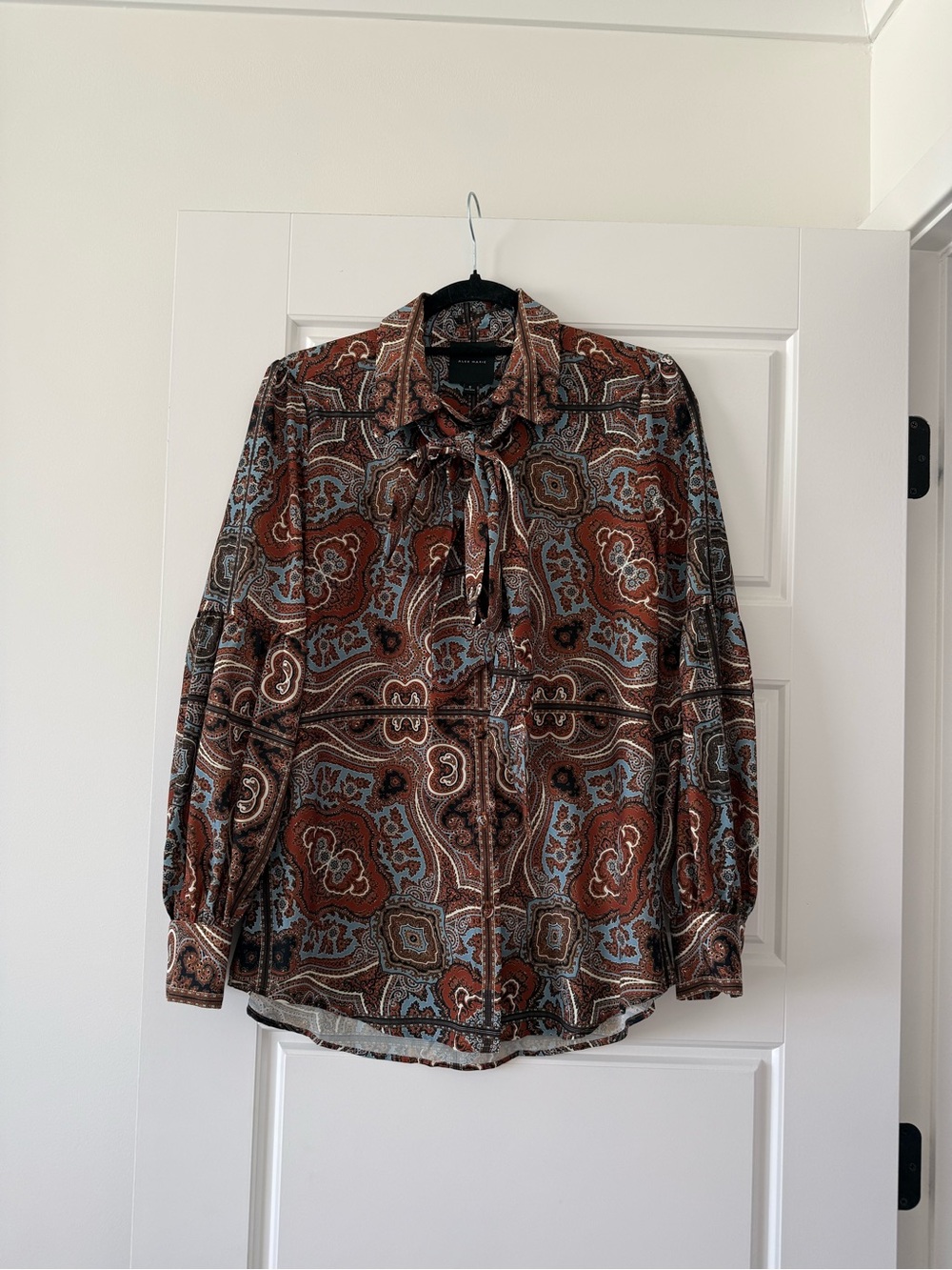 Alex Marie Paisley Tie-Neck Blouse in Rust and Slate Blue